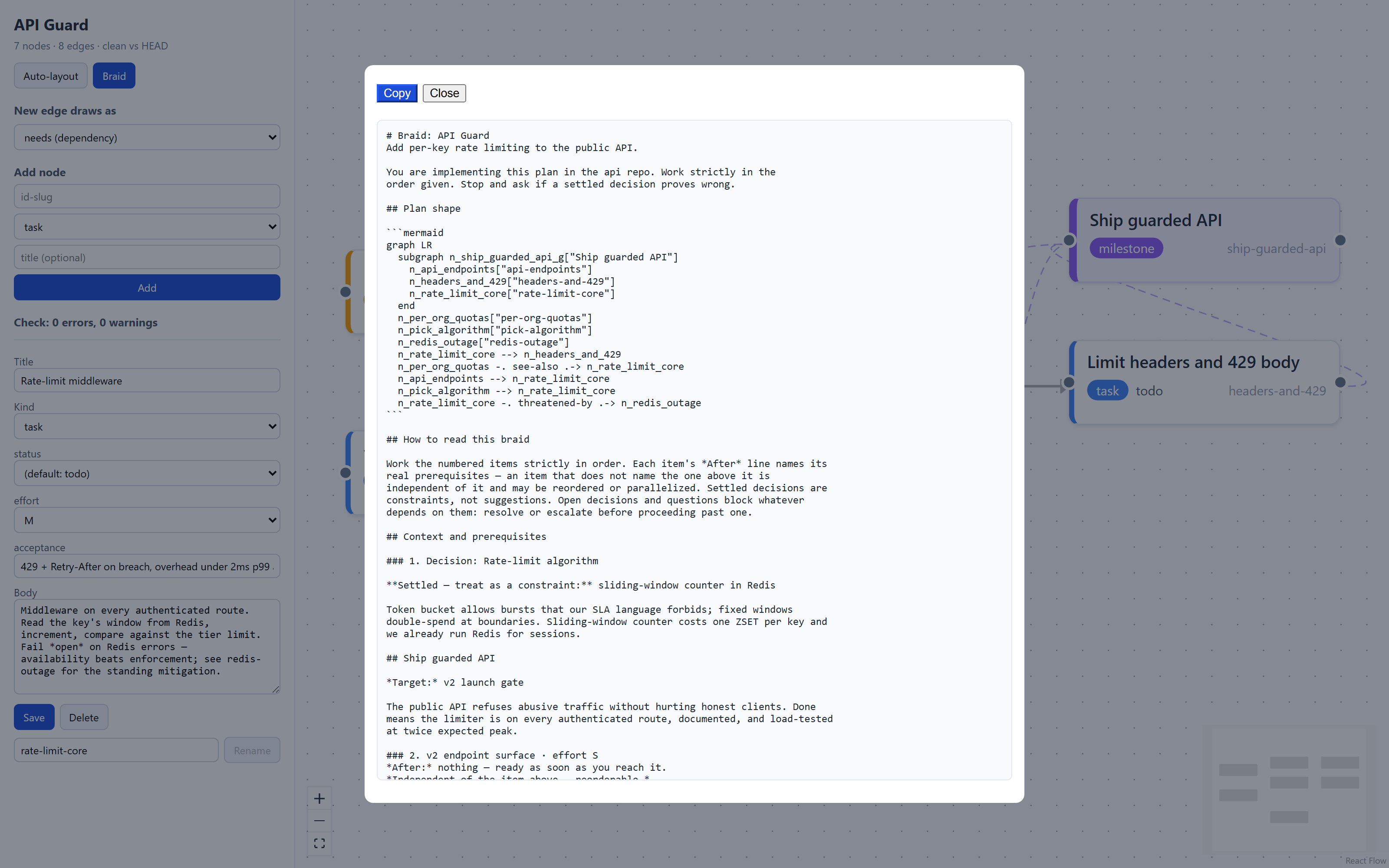 The braid preview: the compiled prompt with its embedded Mermaid diagram and reading rubric